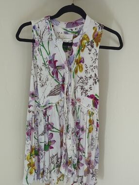 Anthropologie Sleeveless White Floral Peasant Top with Purple & Yellow Accents
